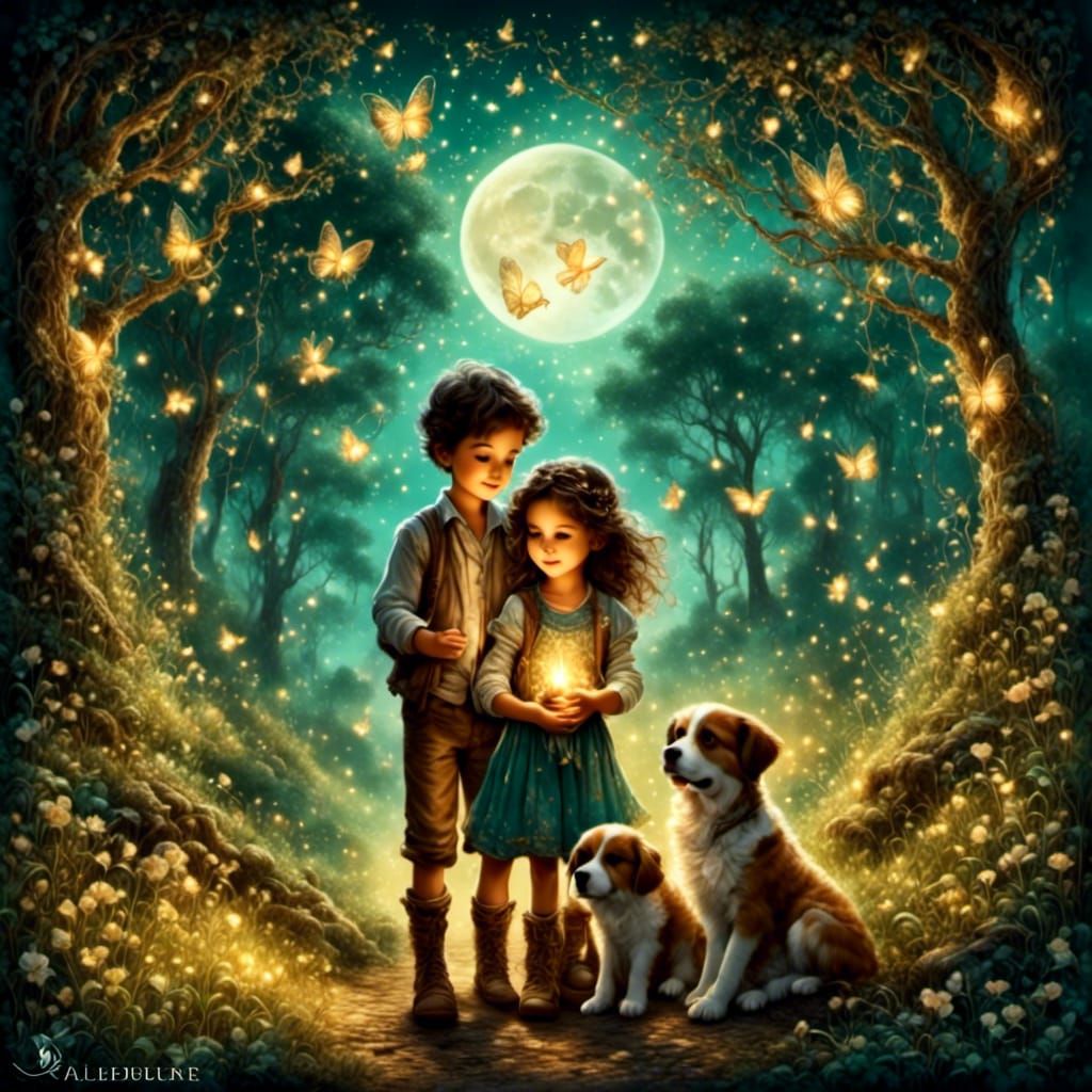Children with Saint Bernard in Enchanted Forest