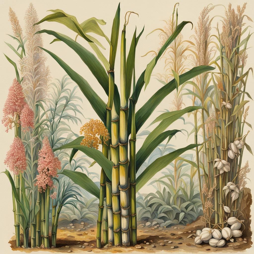 Antique Botanical Illustrations of a Sugarcane Plant