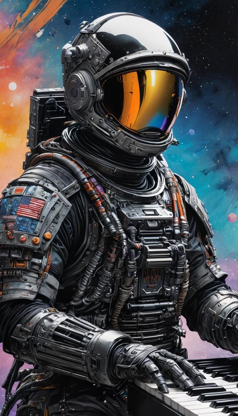 Astronaut Pianist: Cyberpunk Pen and Ink Watercolor Art