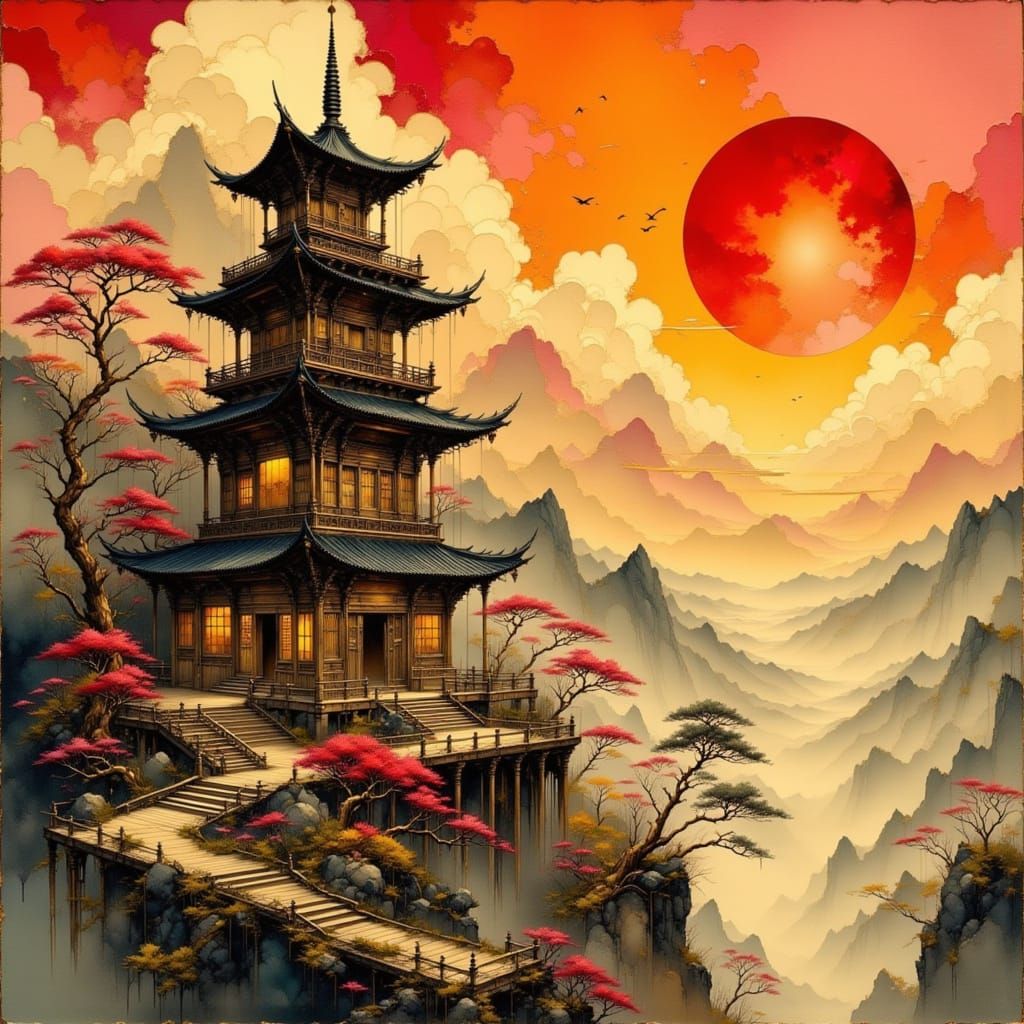 Cyberpunk Pagoda at Sunset