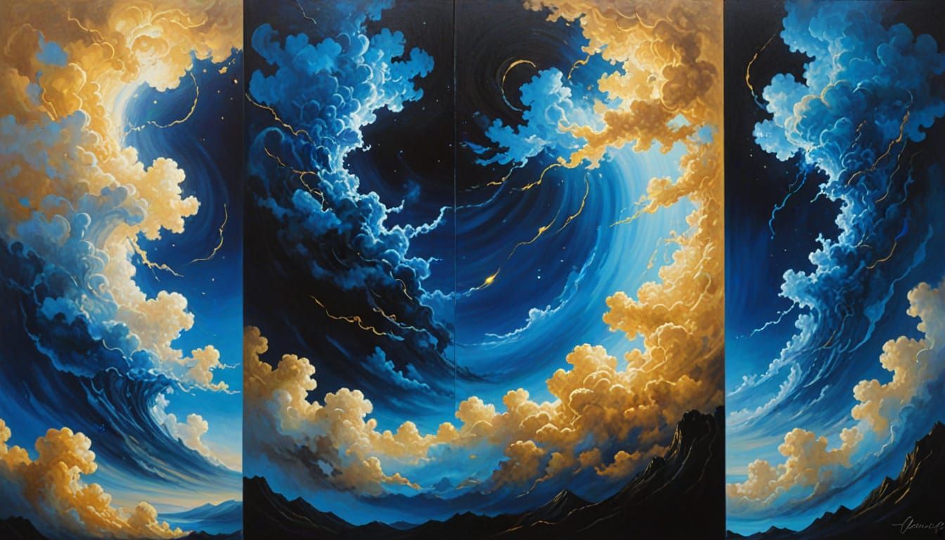 Surreal Triptych of Dreamlike Worlds in Oil Painting
