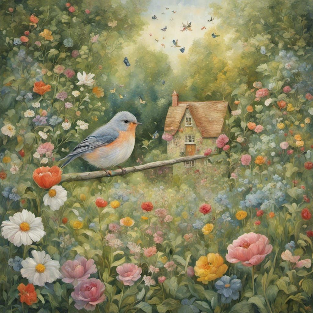 Hyperrealistic Bird Song in Lush Cottage Garden