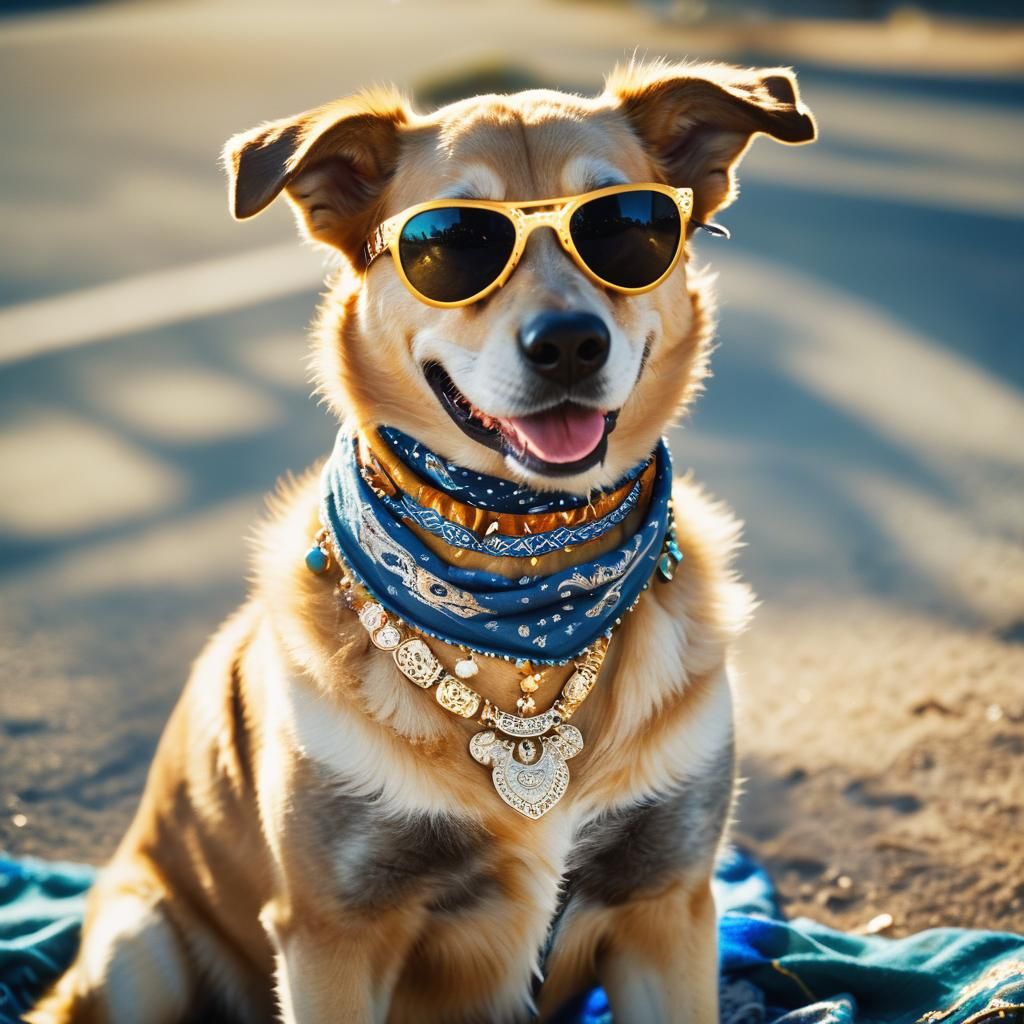 Smiling Dog in Jewels: Cinematic Film Still