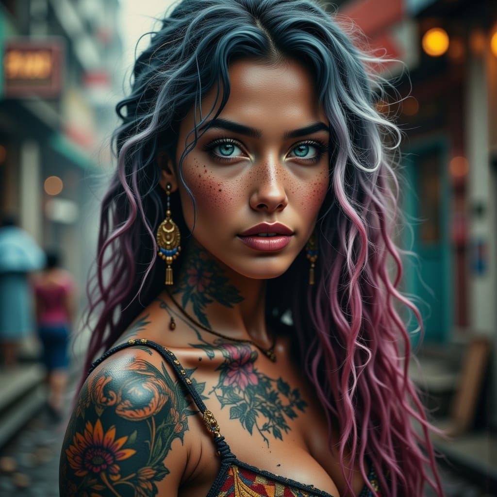 Realistic Gynoid Idol with Neon Eyes and Tattoos