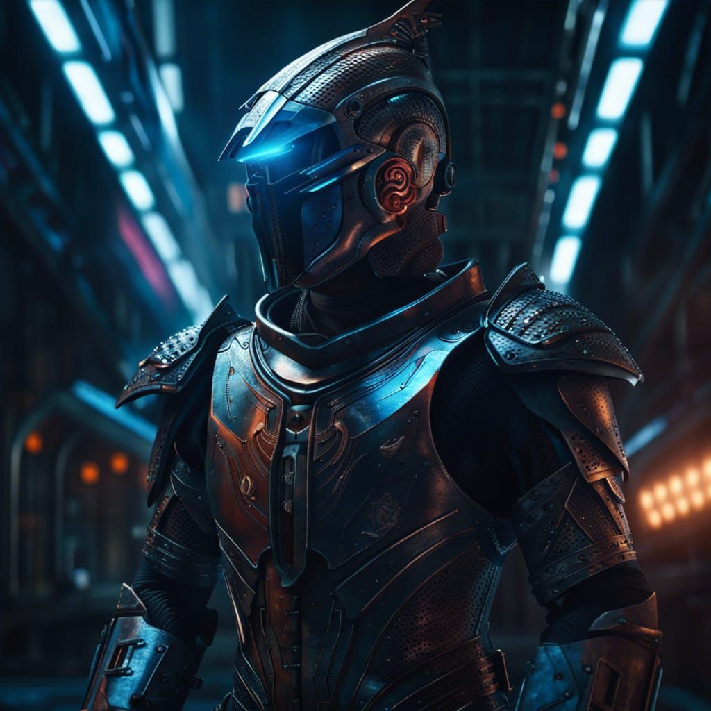 Cyberpunk Knight in Futuristic Armor on Spaceship