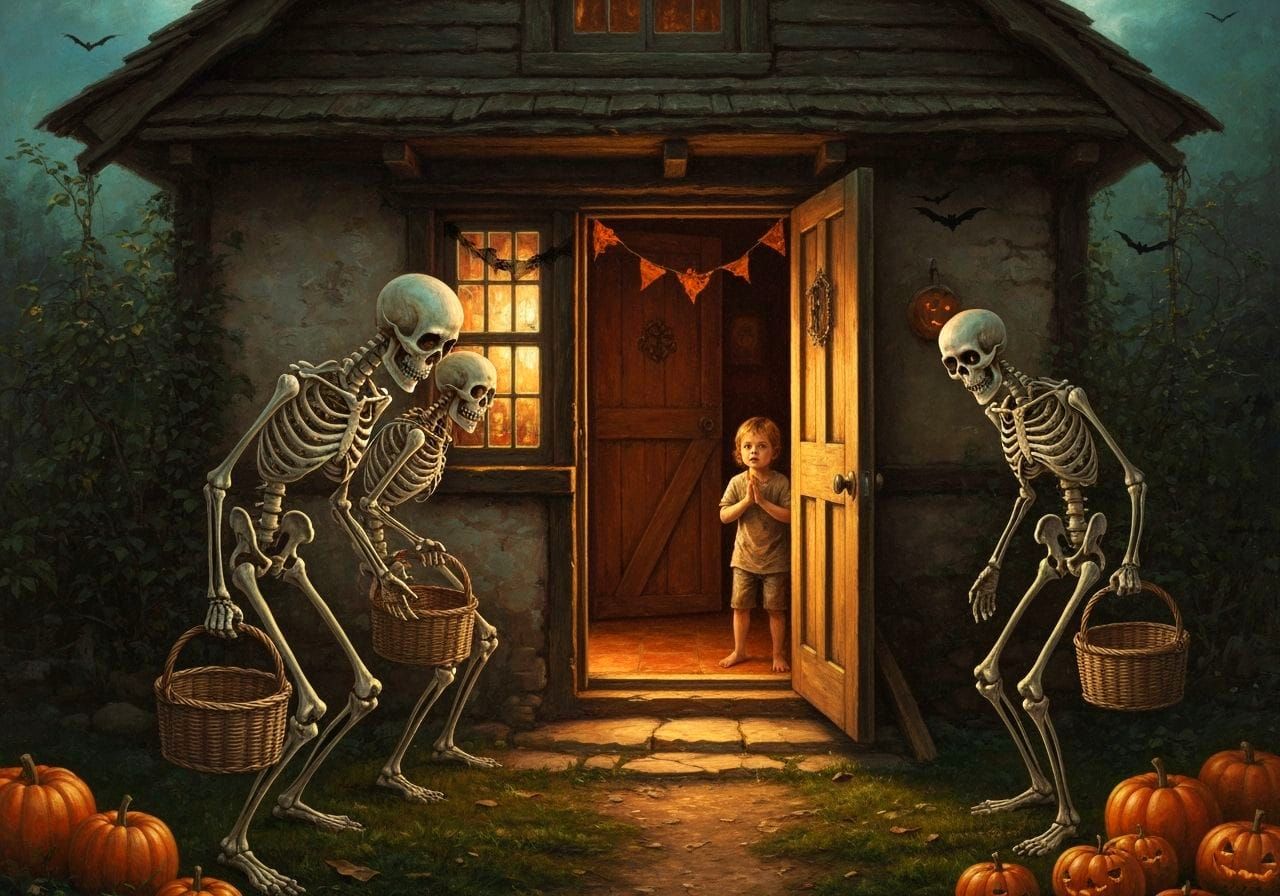 Halloween Skeletons at Cottage Door, Dramatic Realism Oil Pa...