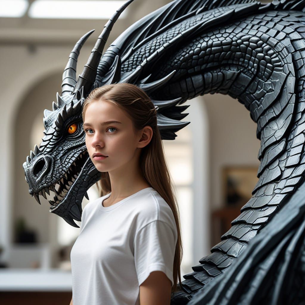 Girl and Cyberpunk Dragon Statue in Hyperrealism