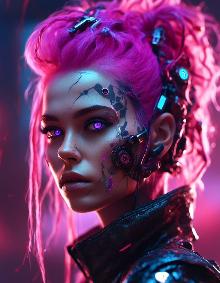 Cyberpunk Woman Portrait with Mechanical Face and Glowing Ey...