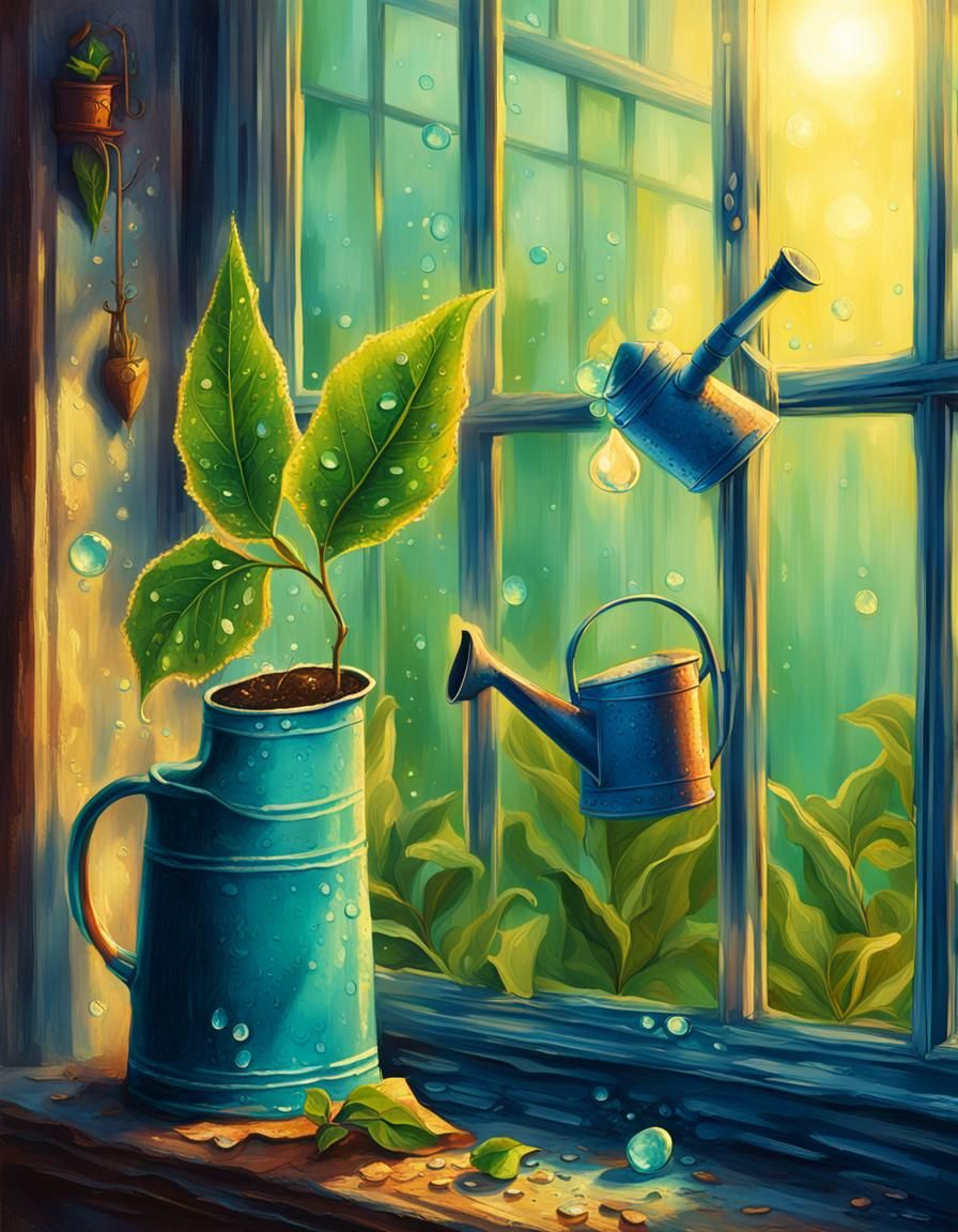 Mystical Glowing Plant with Watering Can in Fantasy Art