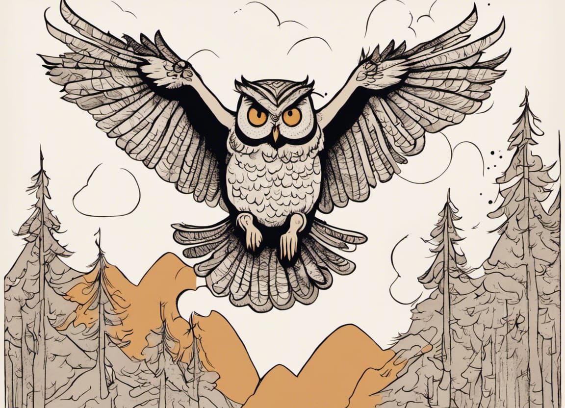 Flying Owl Storybook Illustration in Ink