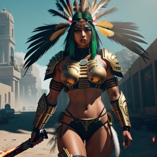 Aztec Warrior Woman with Flaming Sword in Cyberpunk Style