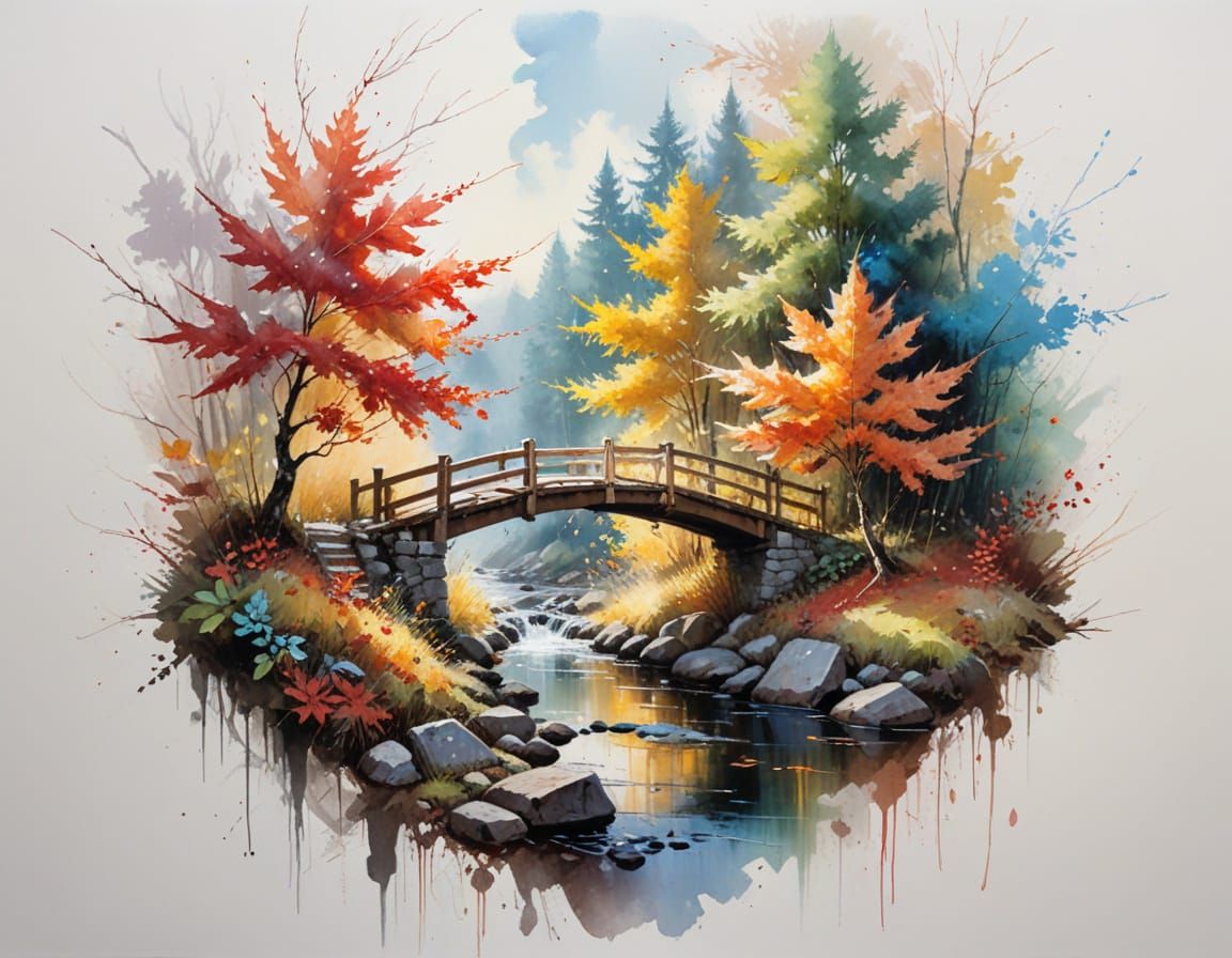 Vibrant Autumn Forest with Wooden Bridge