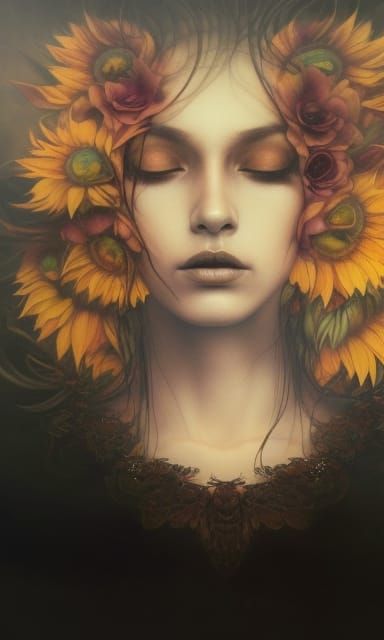 Sunflower Goddess Portrait in Acrylic Gouache Style