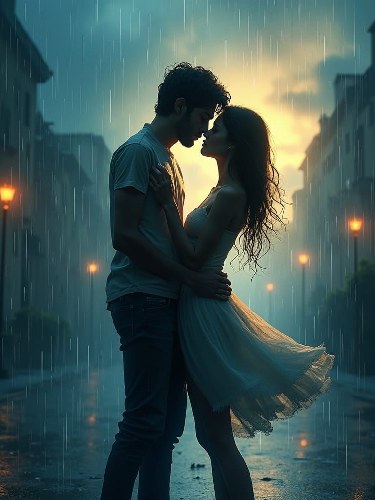 Romantic Couple Dancing in Rainy Fantasy Art