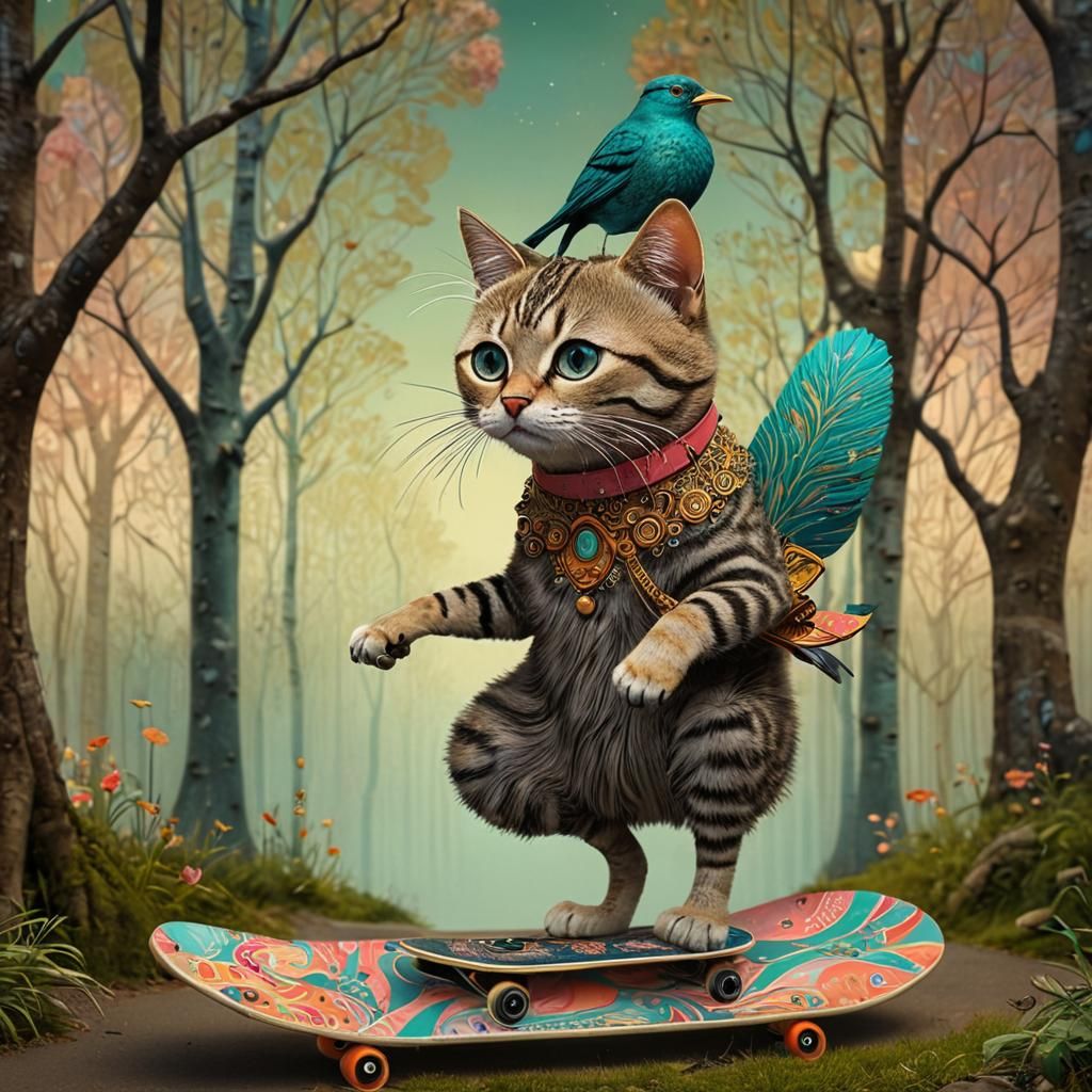Cat Rides Skateboard: Art Brut Surreal Illustration