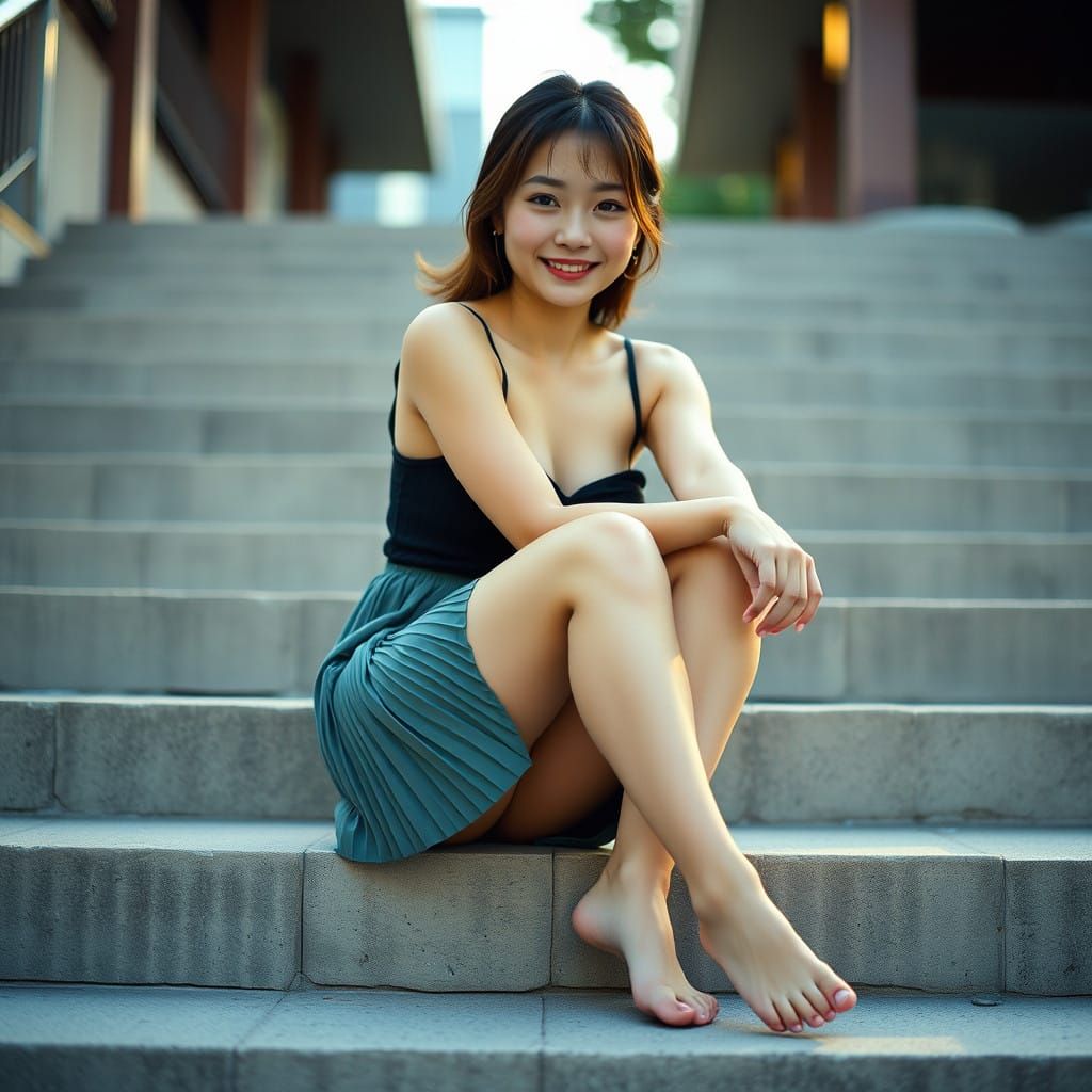 Elegant Japanese Actress on Outdoor Stairs