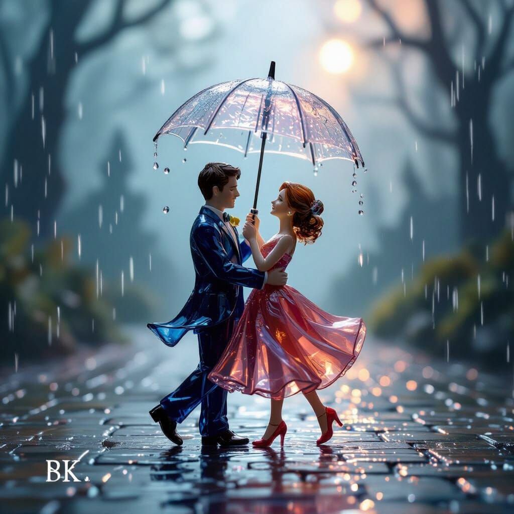 Glass Couple Dancing in Rain Under Umbrella