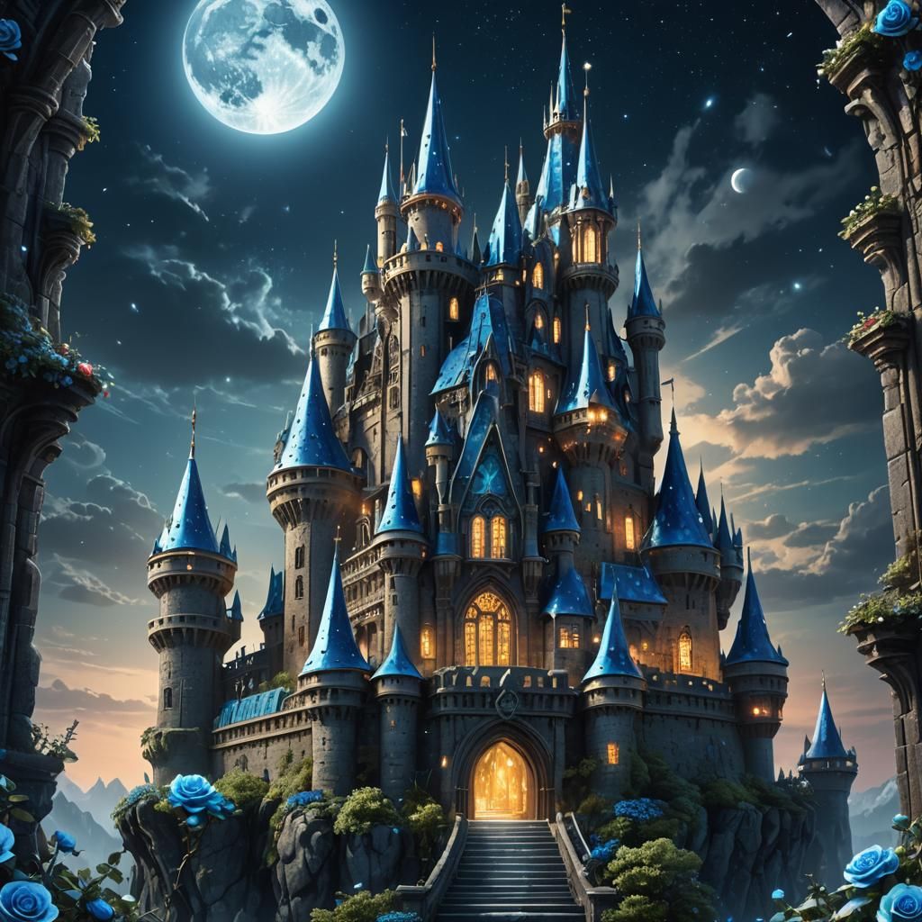 Ethereal Crystal Castle with Blue Roses and Moon