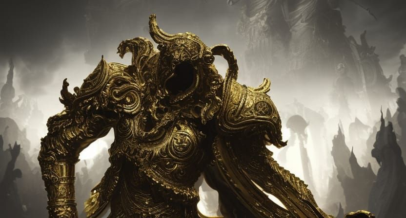 Marble Warrior with Gold Veins in Ornate Hall