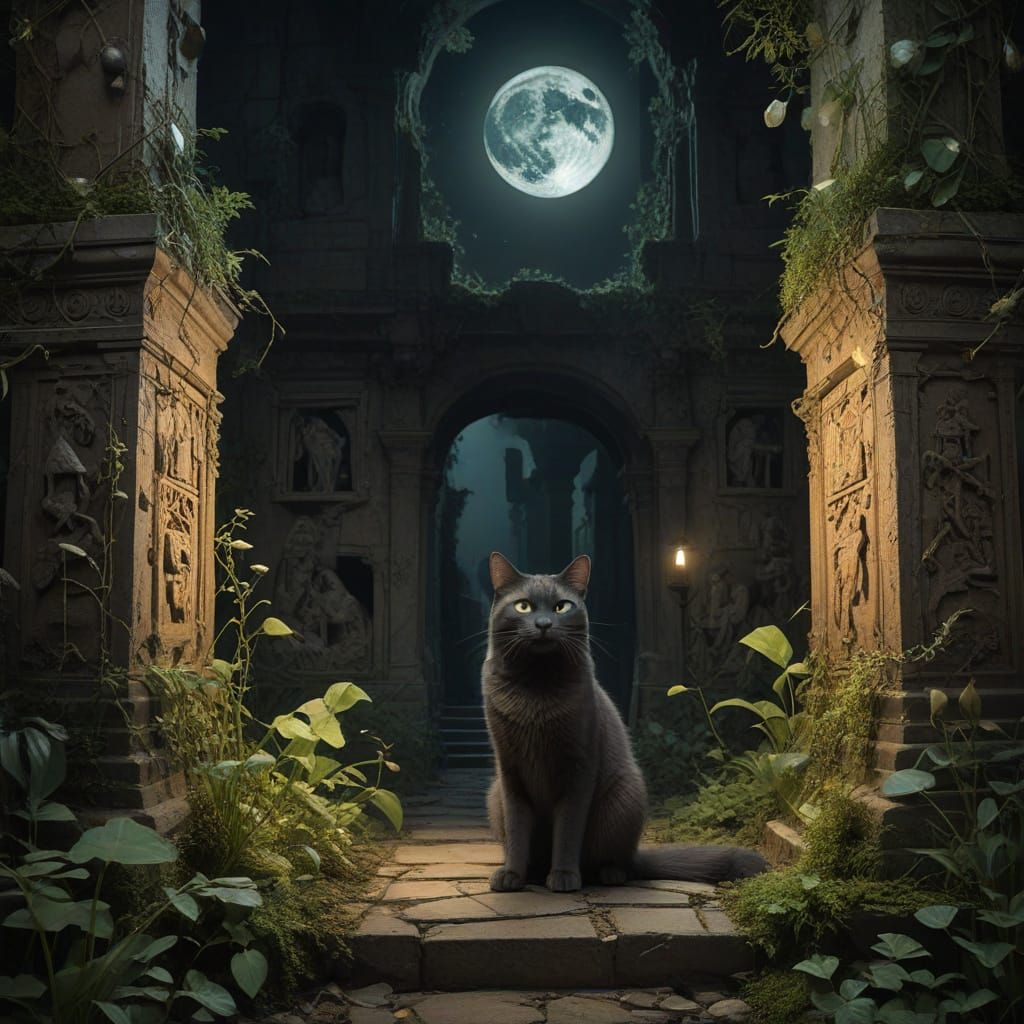 Spectral Cat in Moon Temple Ruins, Dark Fantasy Art
