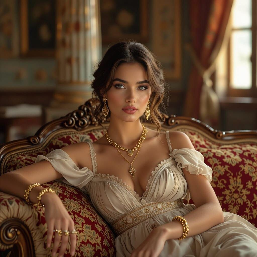Golden Greek Goddess in Opulent Setting