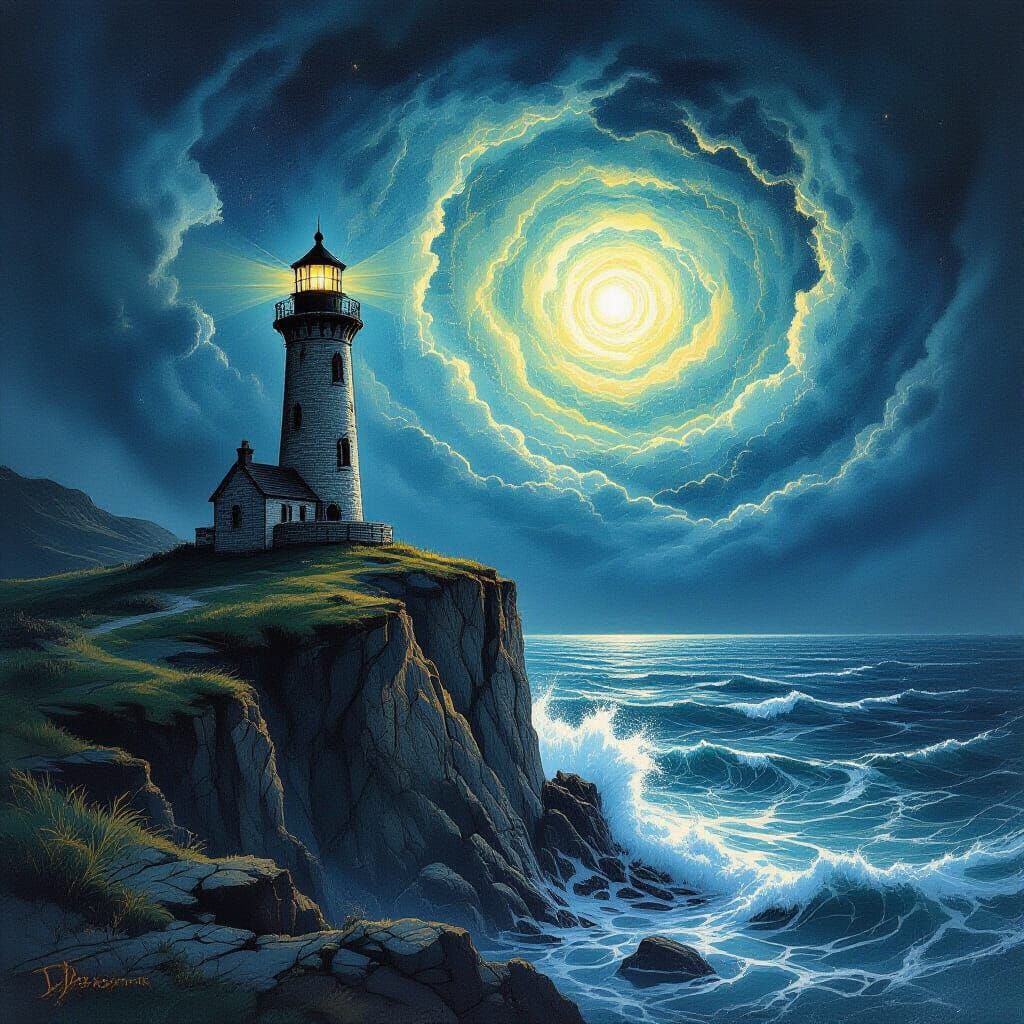 Ancient Lighthouse on Jagged Cliff Amidst Bioluminescent Sea...