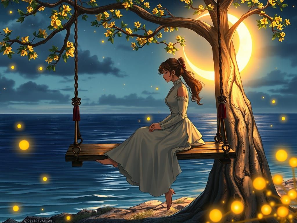 Magical Golden Tree Swing Under Crescent Moon