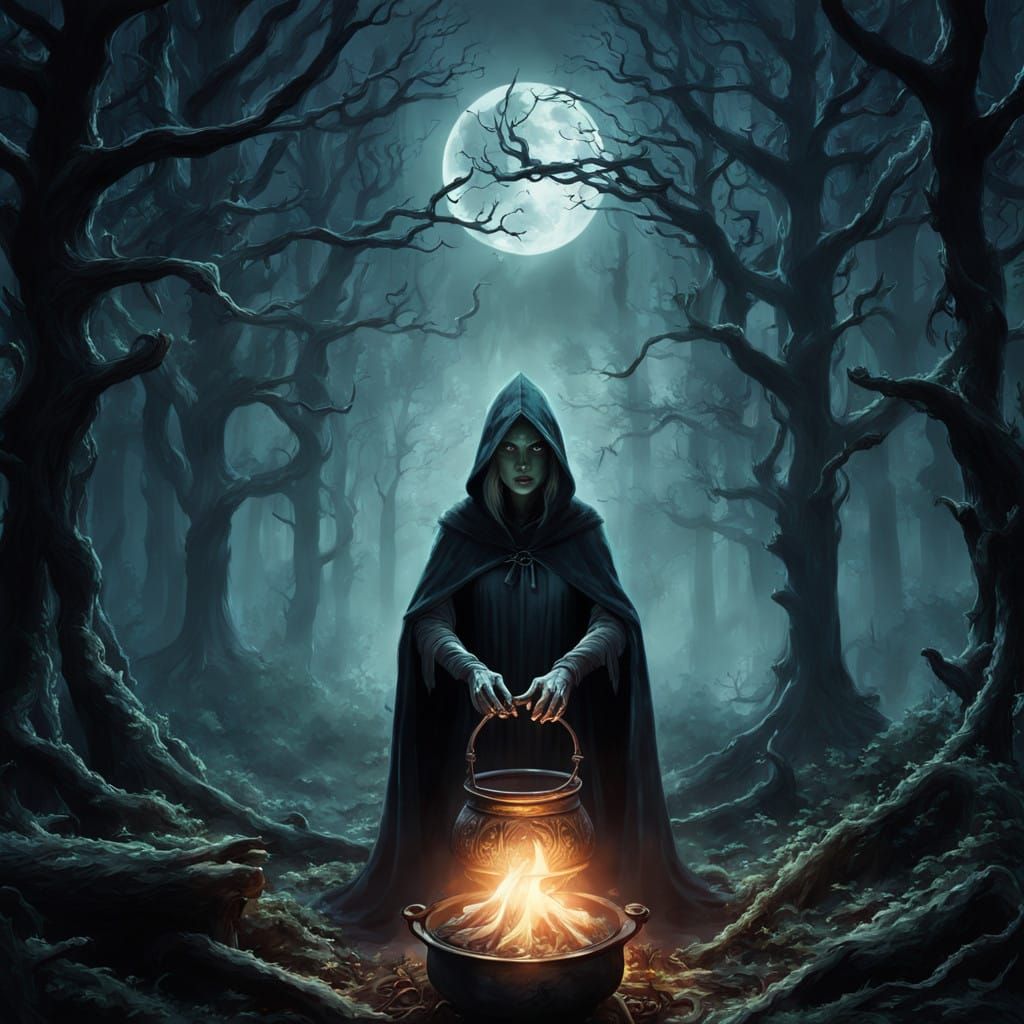 Mystical Witch Conjures Magic in Dark Forest