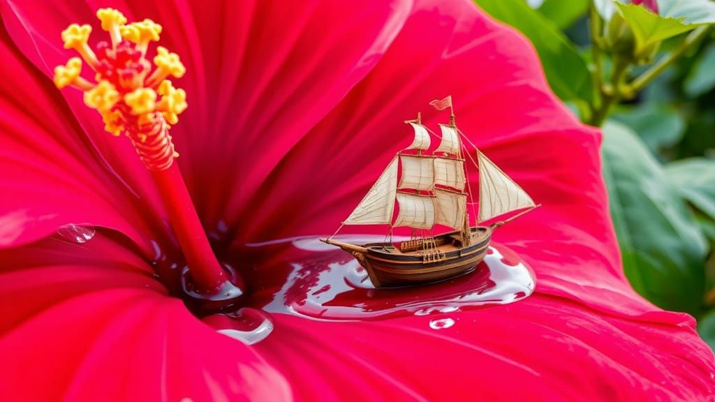 Hibiscus Flower Dewdrop Reflects Sailing Ship