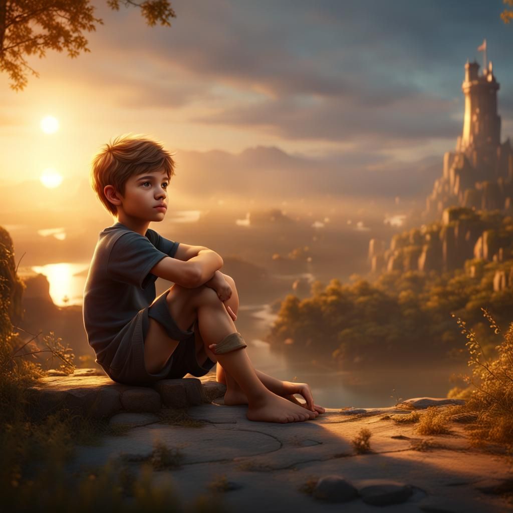Cute Boy in Golden Hour: Detailed Matte Painting