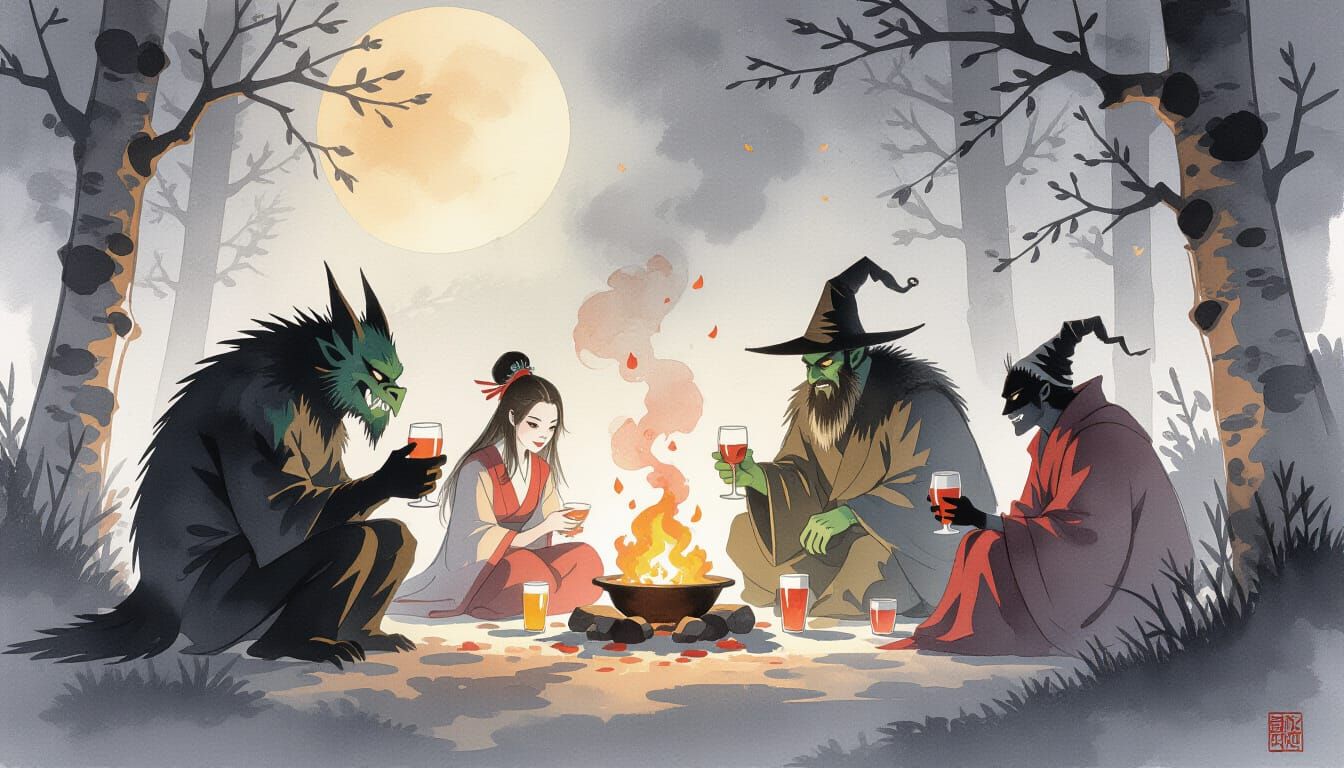 Ink Wash Painting of Mythical Creatures Celebrating New Year