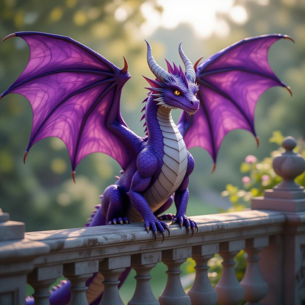 Majestic Purple Dragon on Balustrade in Garden Photograph