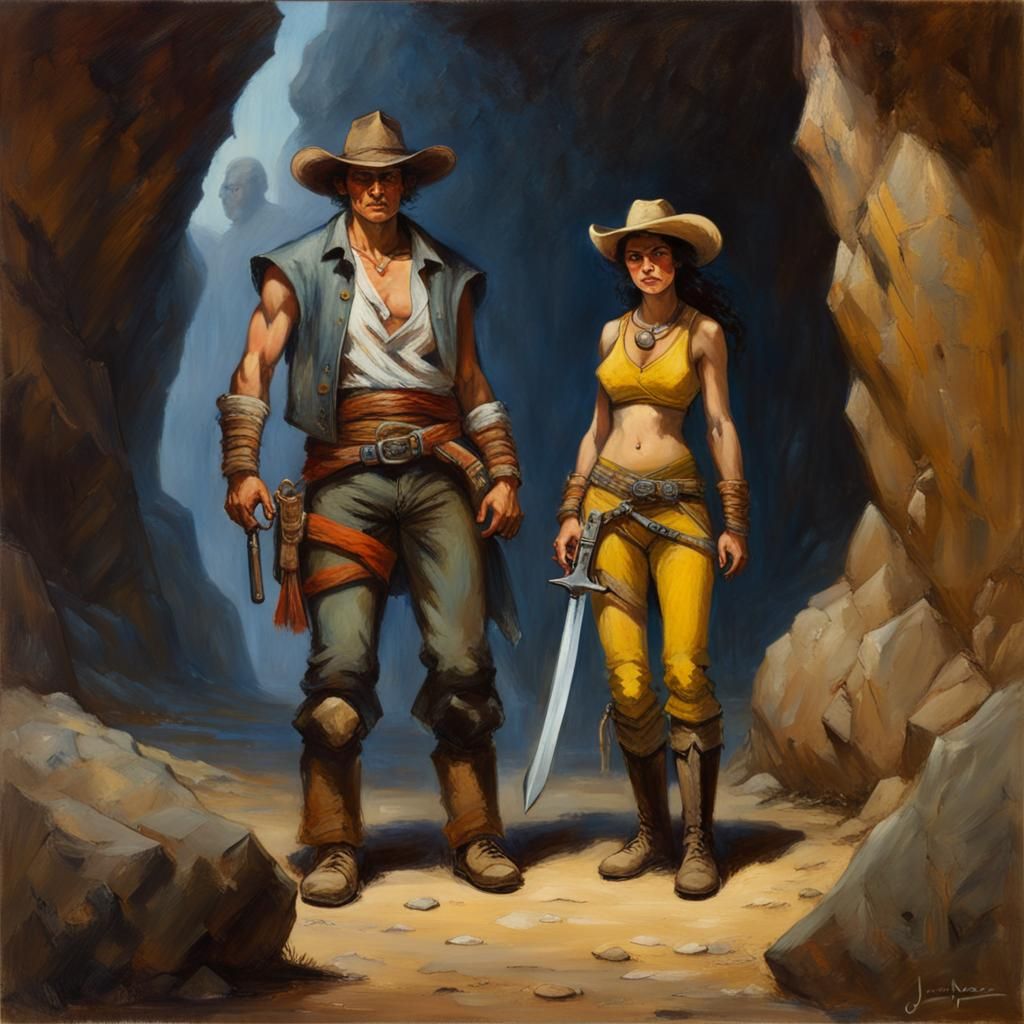 Githyanki and Cowboy in Cave, Oil Painting