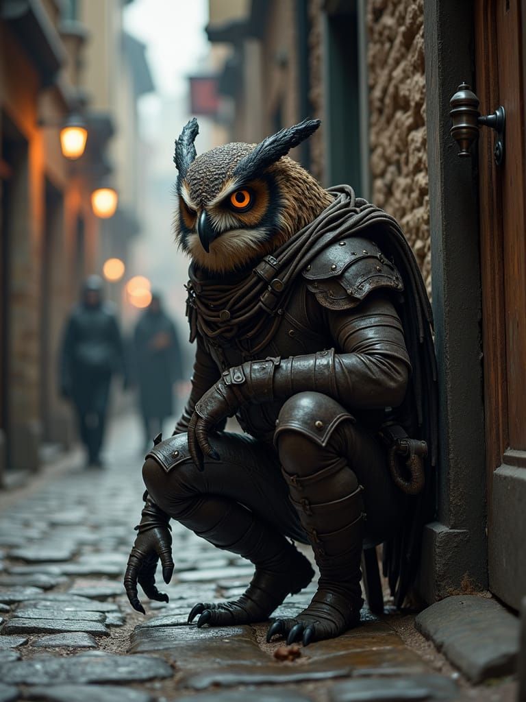 Owlin Rogue in Medieval Cityscape
