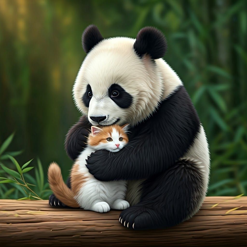 Cuddly Panda and Furry Feline Share Warm Moment in Bamboo Ra...