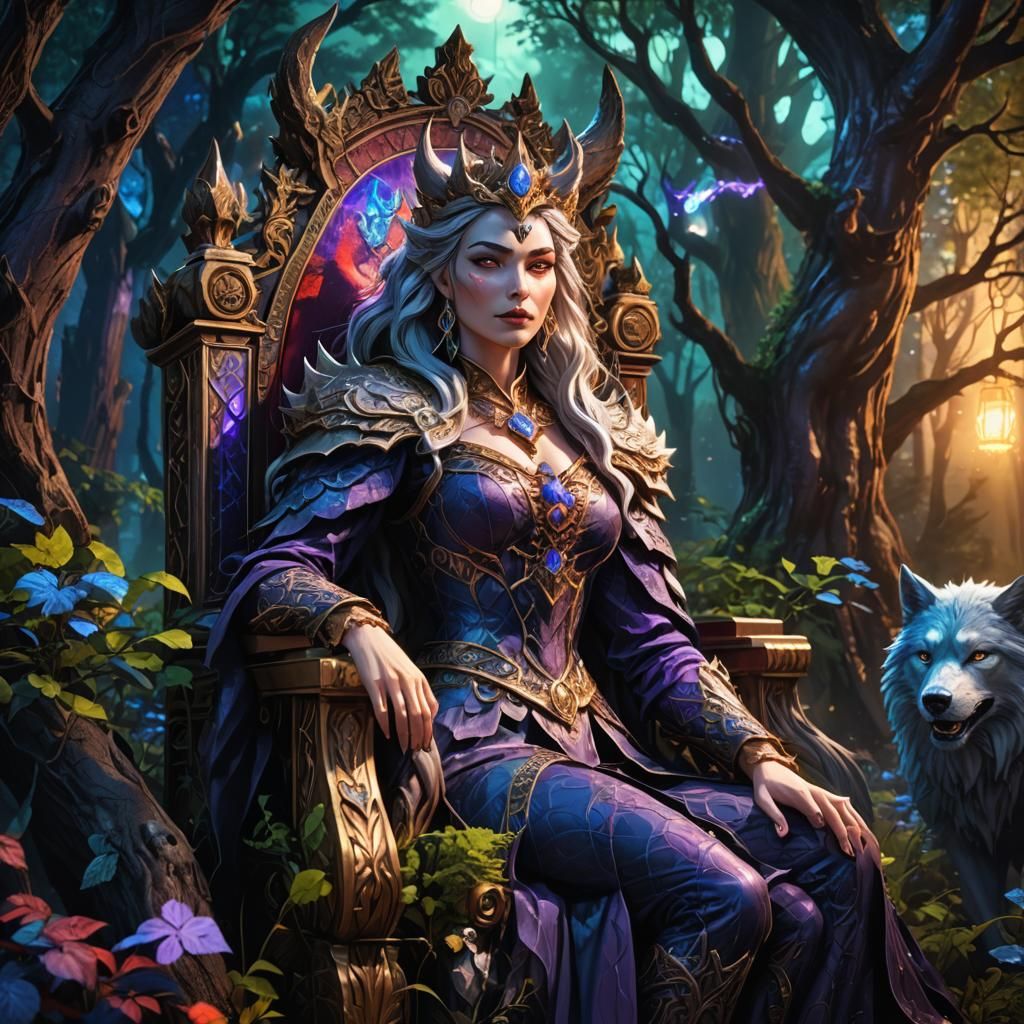 Anime Werewolf Queen on Forest Throne