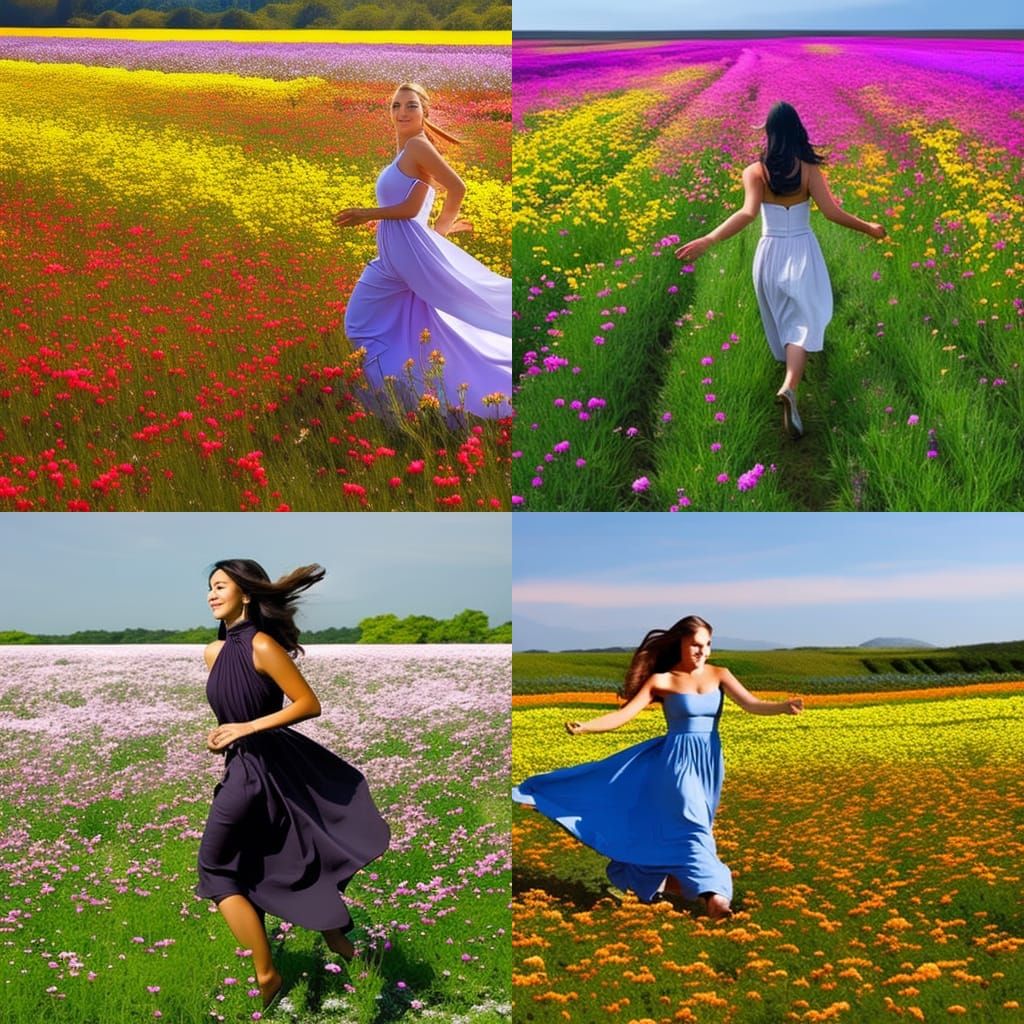 Woman Runs in Flower Field: Hyperrealistic Splash Art