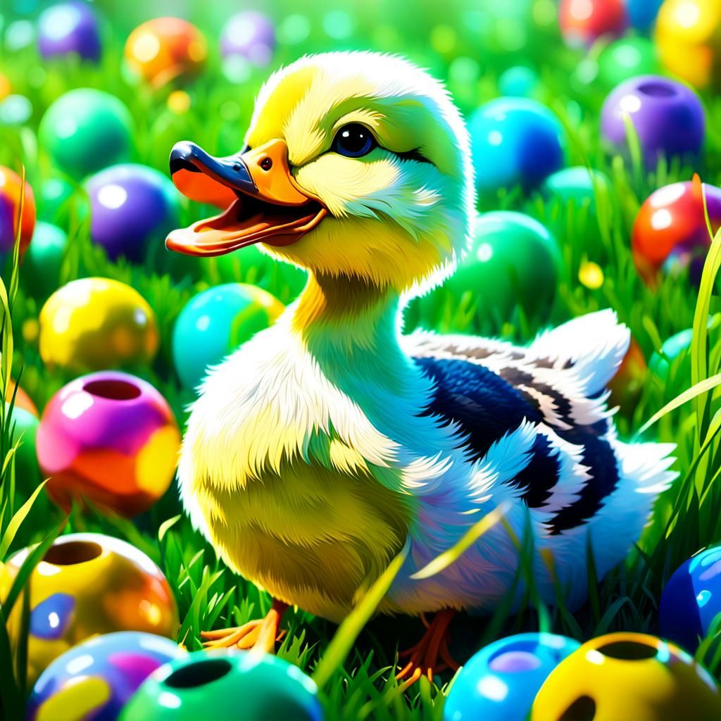 Happy Duckling Plays in Colorful Tubes