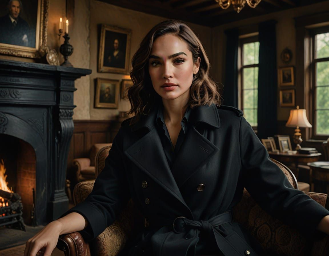 Elegant Woman by Cozy Fireplace in Photorealistic Portrait