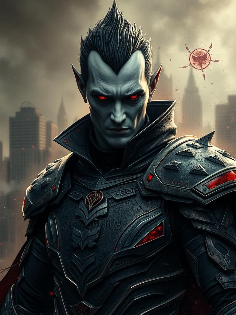 Cyberpunk Dracula in Gritty Sci-Fi Cityscape