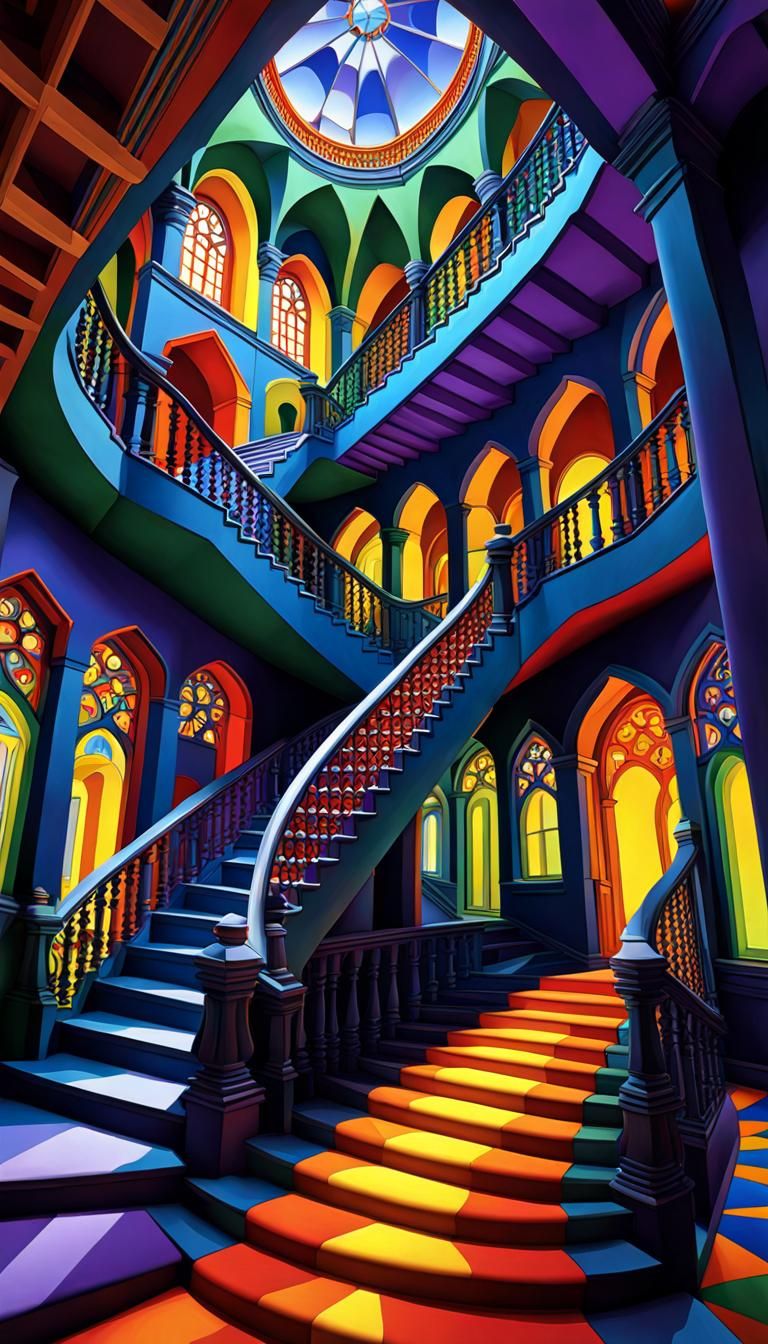 Escher-Inspired Staircase to Heaven with Vibrant Colors