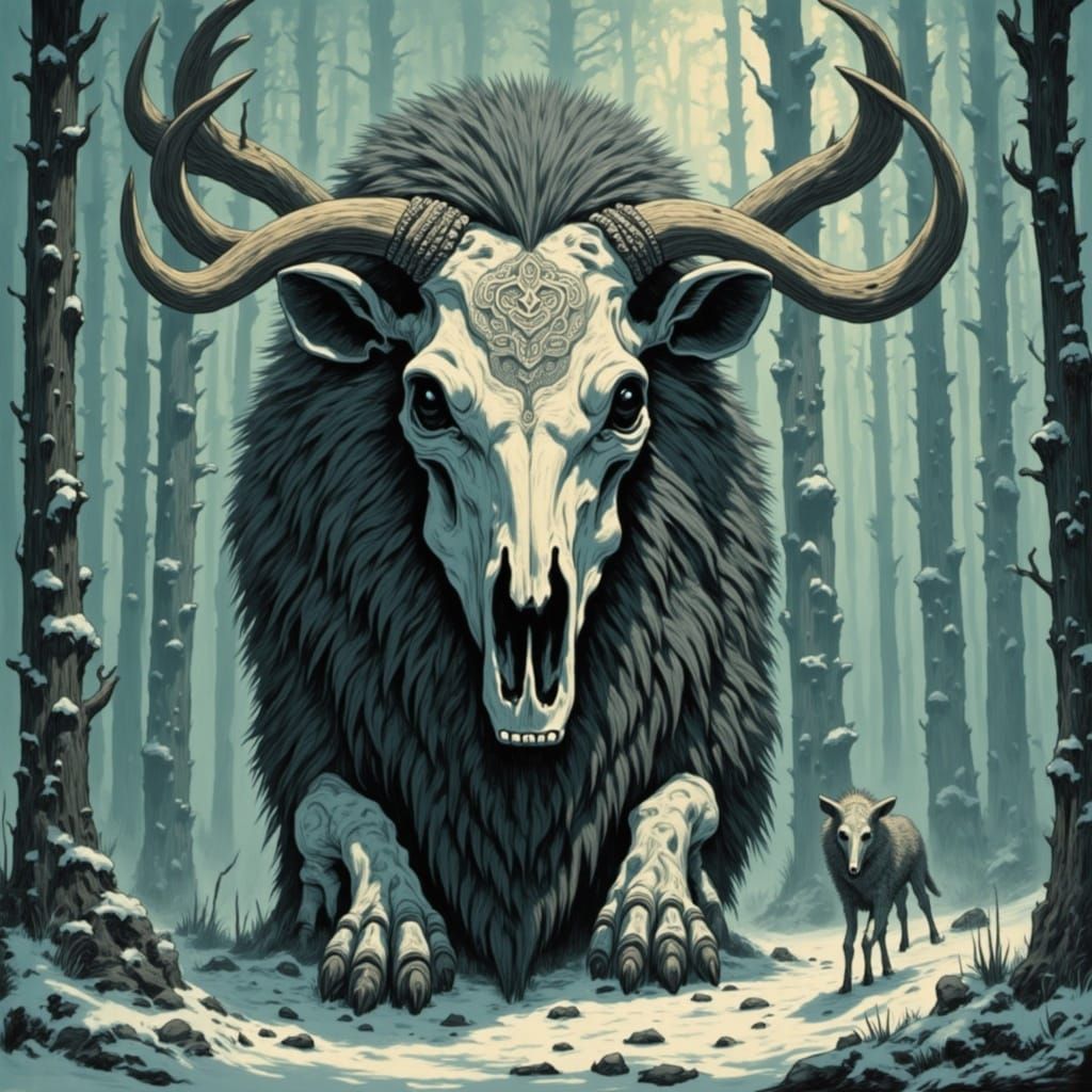 Majestic Impressionistic Wendigo with Sunlit Antlers and Ble...