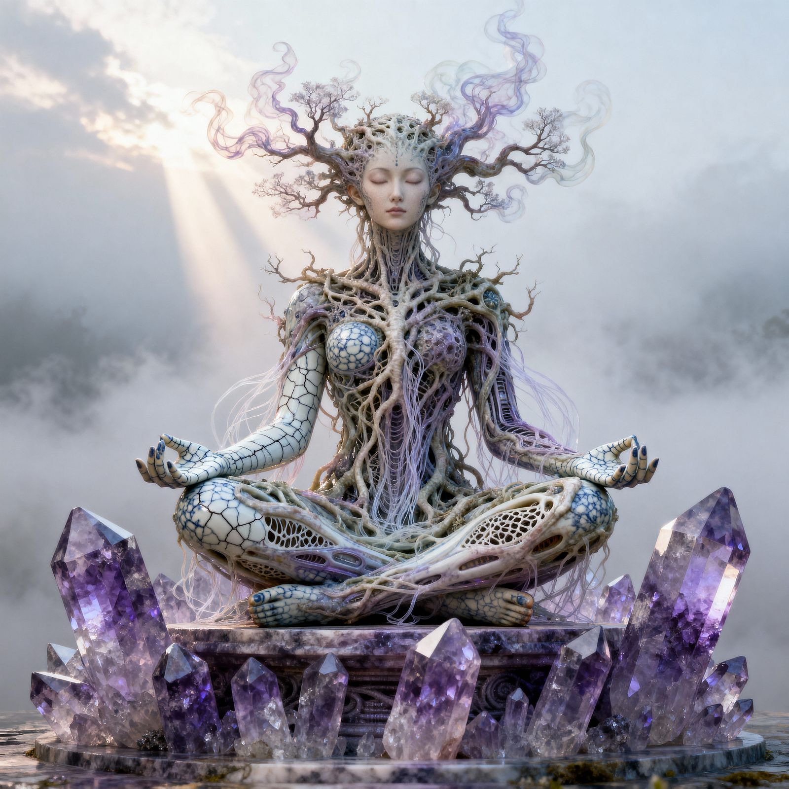 Mystical Root Figure on Amethyst Altar as Biomorphic Art
