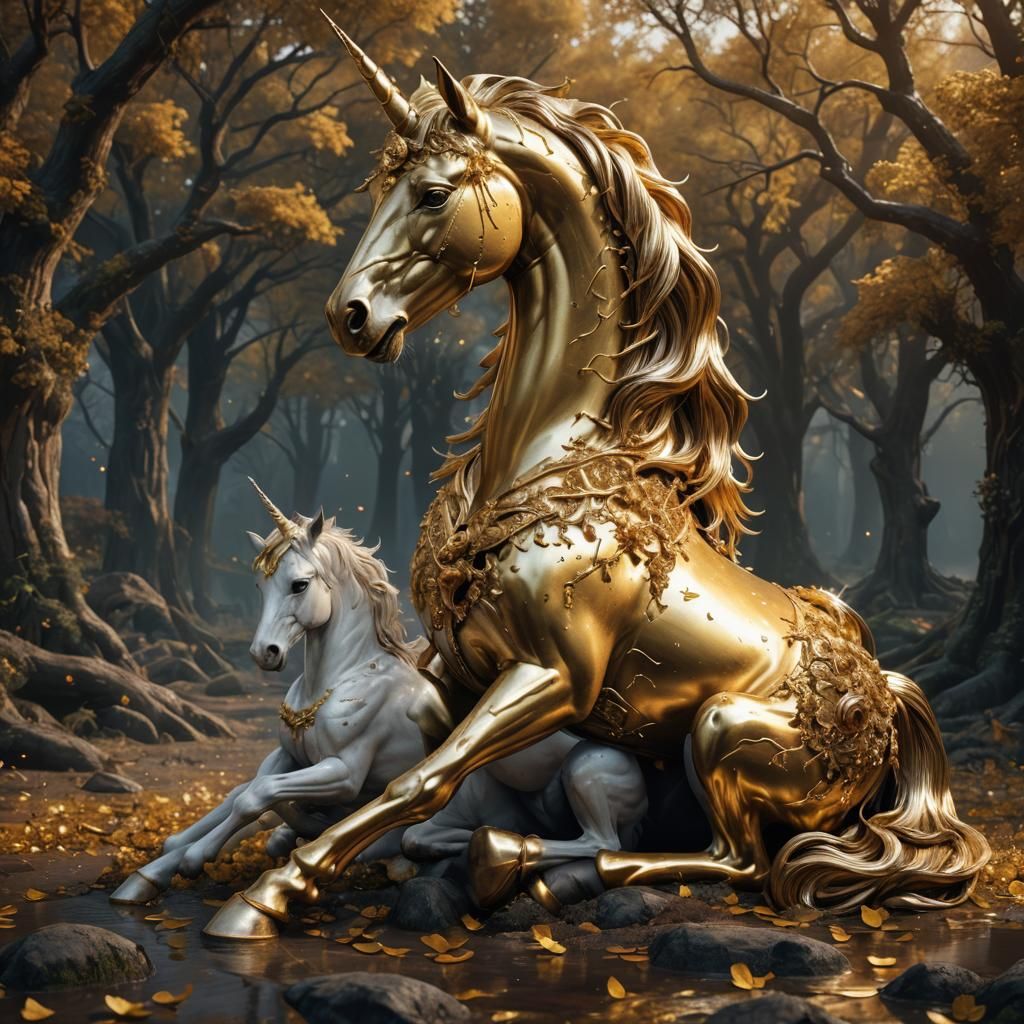 Gold Unicorn Mourns Foal: Fantasy Concept Art