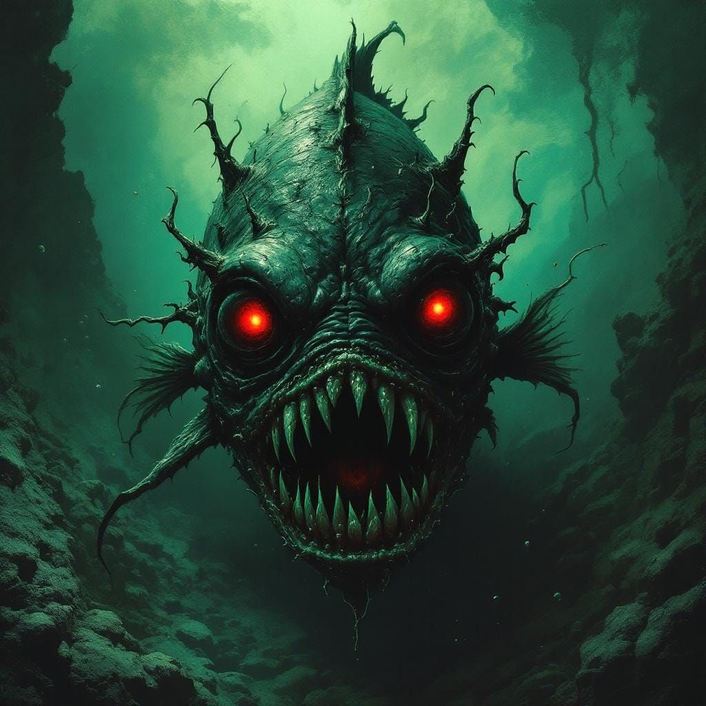 Grotesque Fish with Glowing Eyes in Gothic Style
