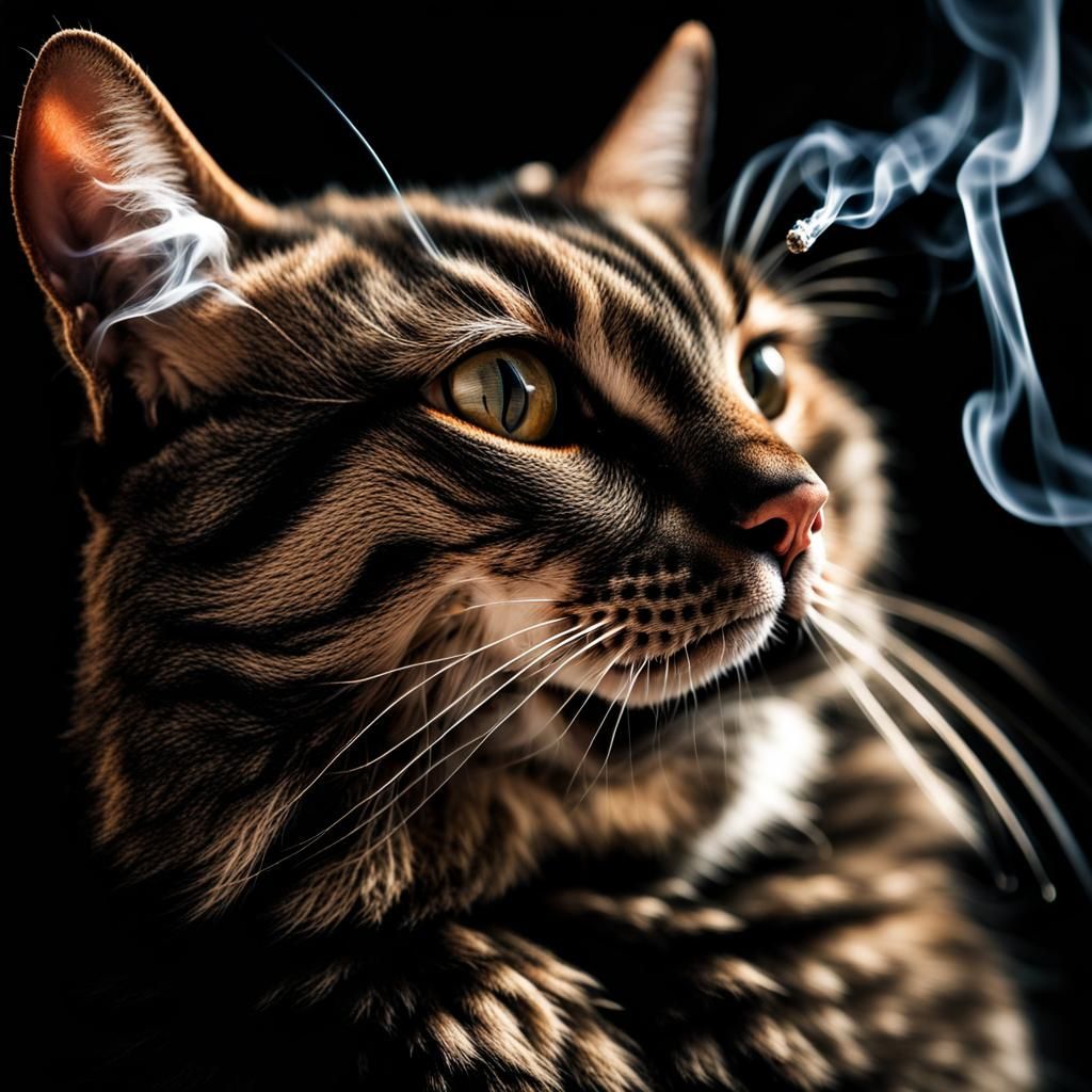 Hyperrealistic Smoking Cat on Black Background