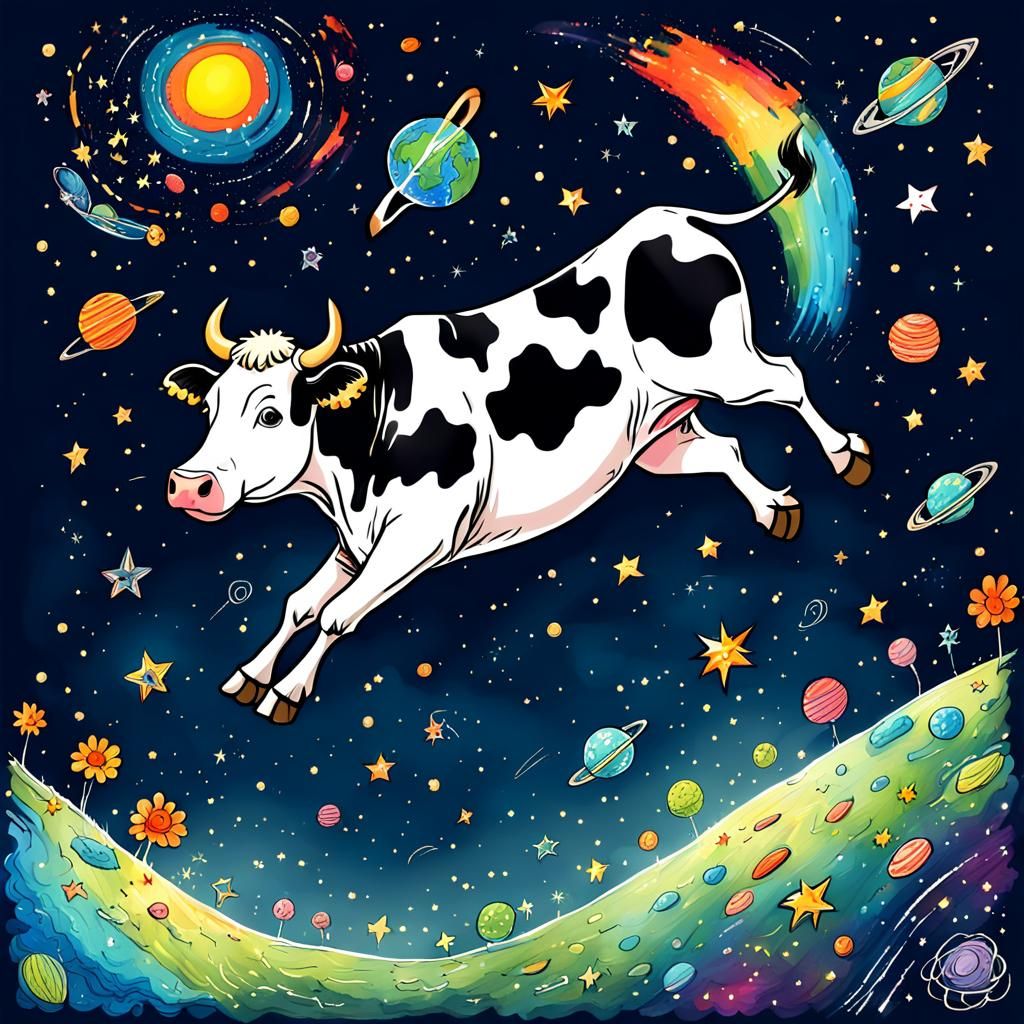 Cow Jumps Over the Moon in Doodle Art
