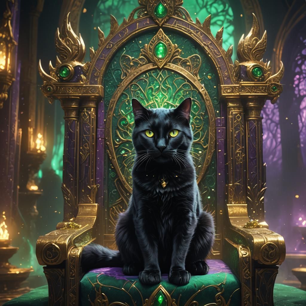 Black Cat on Throne in Fantasy Style