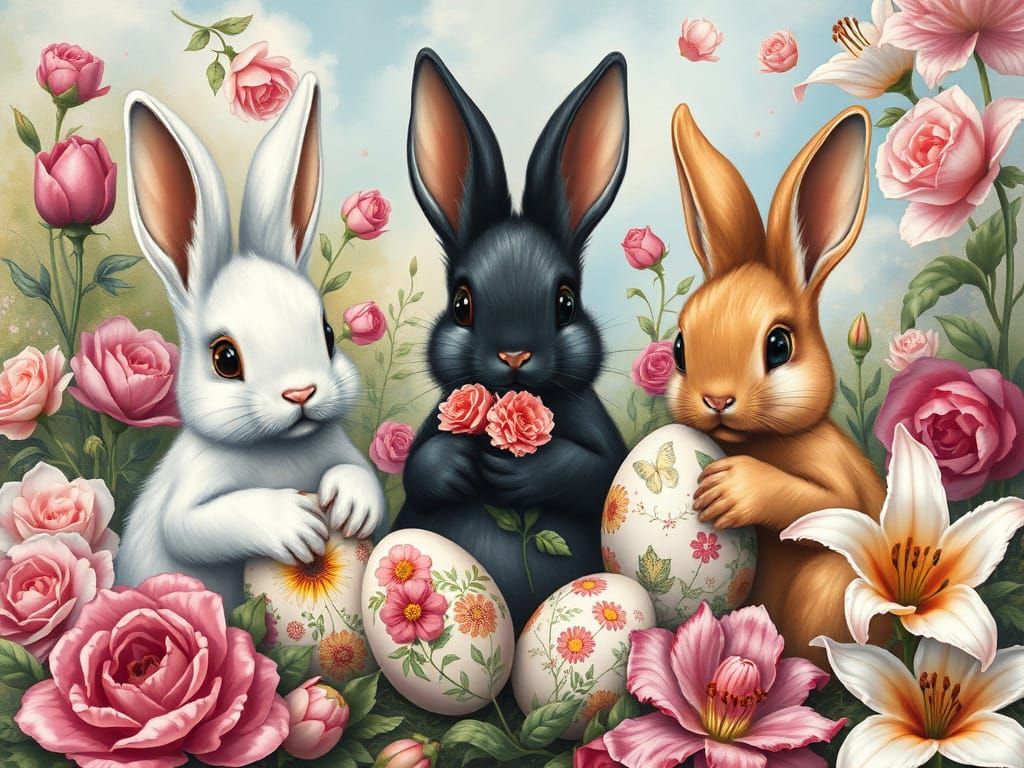 Bunnies Painting Easter Eggs in Gouache Style