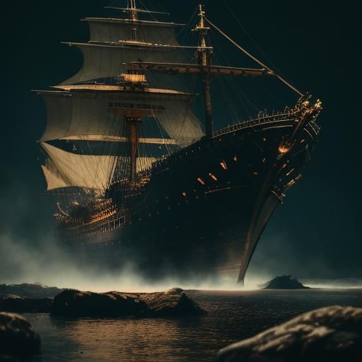 A human Rib cage is the Hull of a demon ship, 2/3 view , Cinematic film still, shot on v-raptor XL, film grain, vignette...